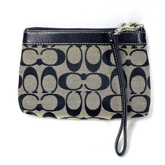 COACH Signature Pleated Wristlet Black & Grey Canvas & Leather 7" x 5" - Picture 4 of 9